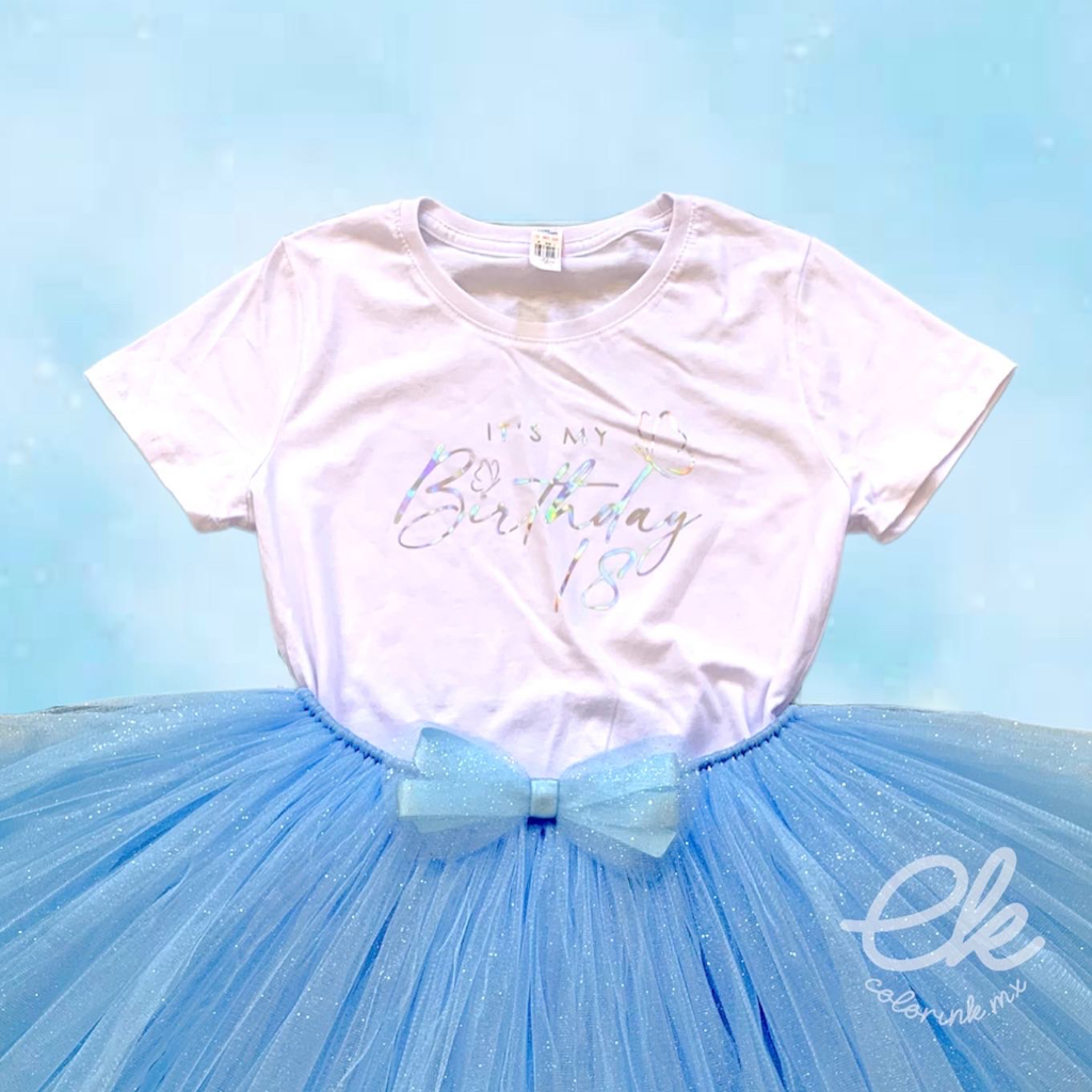 conjunto tutu celeste y playera personalizado de 18 años