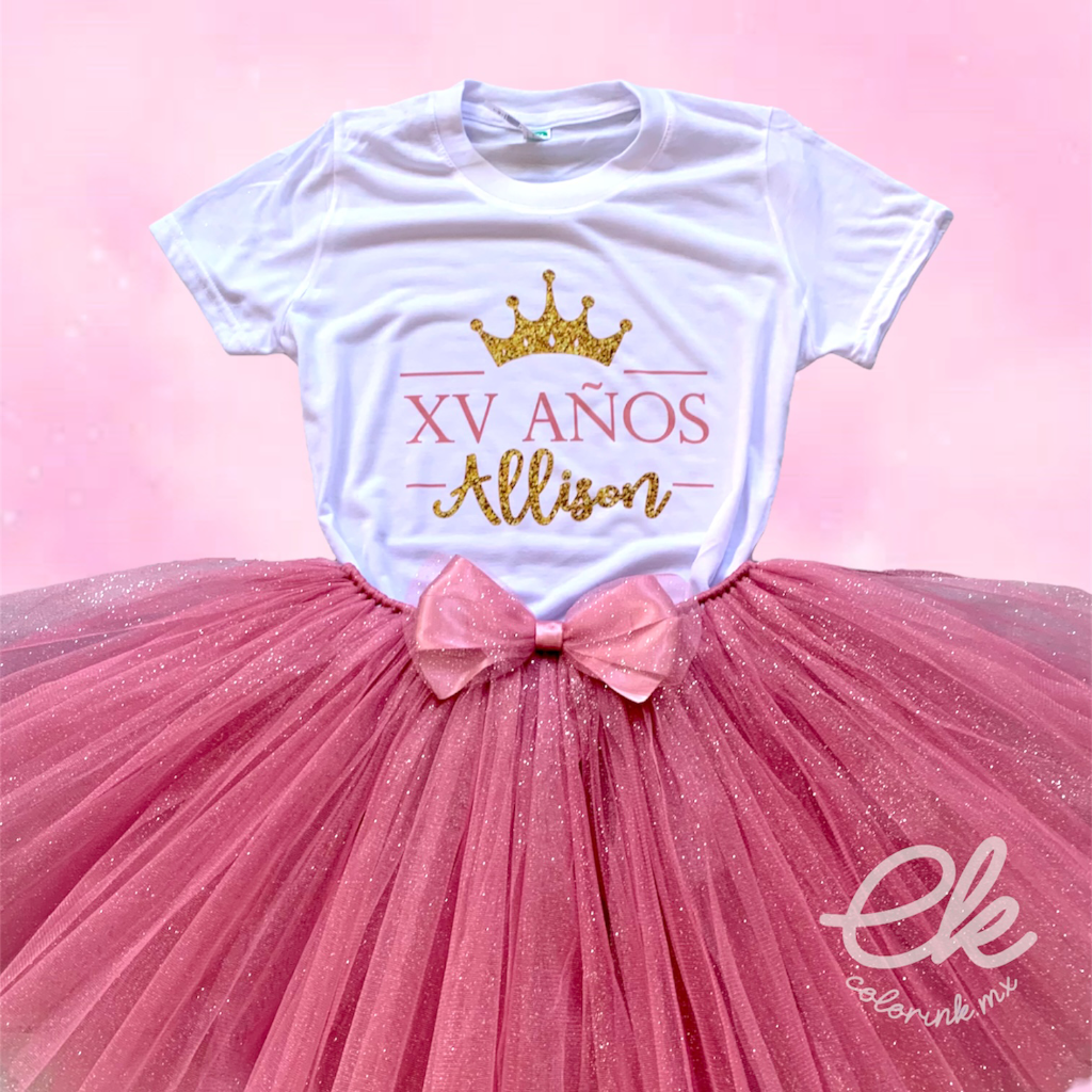 conjunto tutu rosa glitter y playera personalizado de 15 años